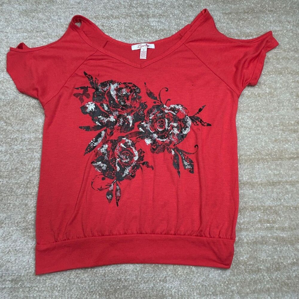 Lena Top Womens S Red Cold Shoulder V-Neck Floral Graphic Short Sleeve Banded